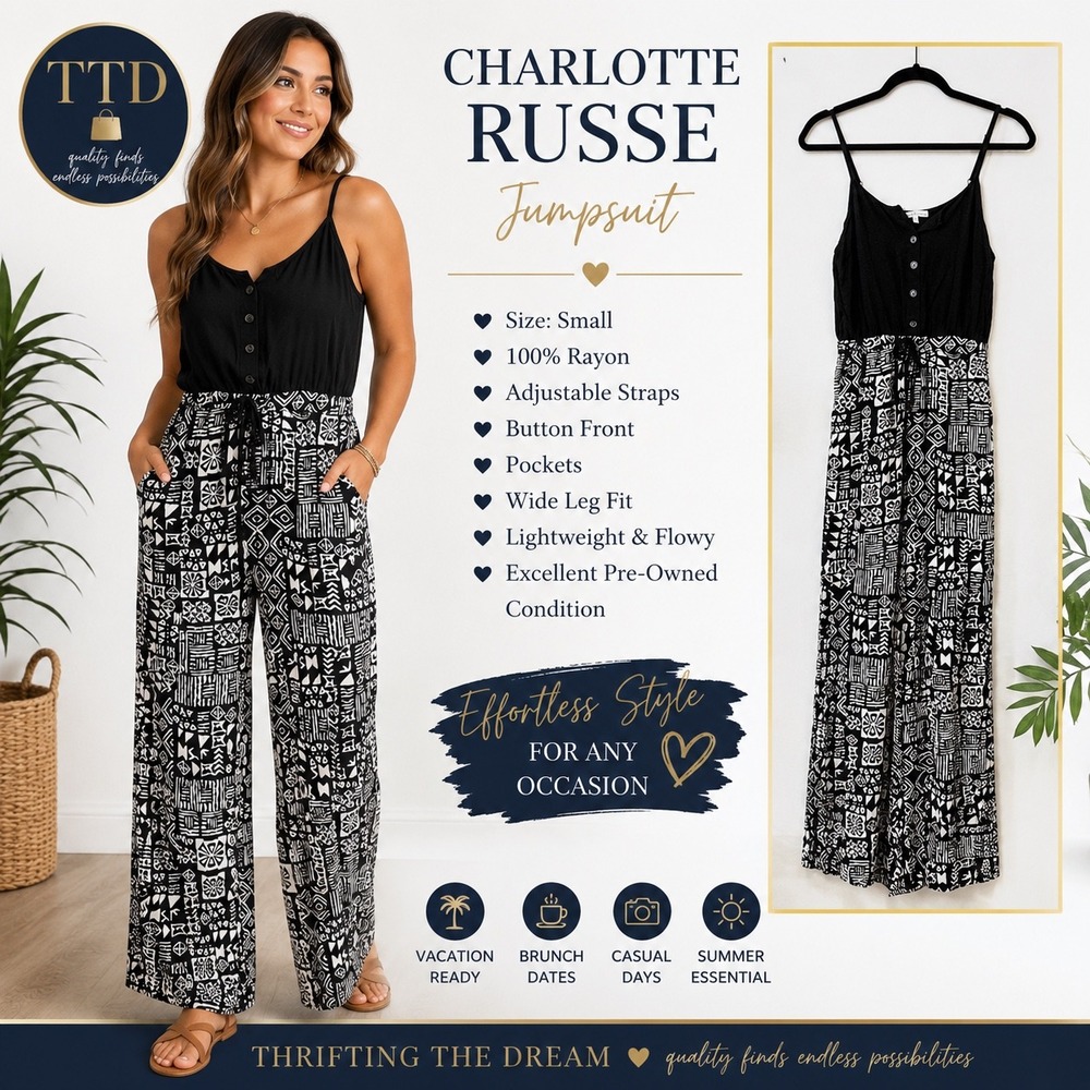 Charlotte Russe‎ Black Geometric Tribal Print Jumpsuit Small Adjustable Straps